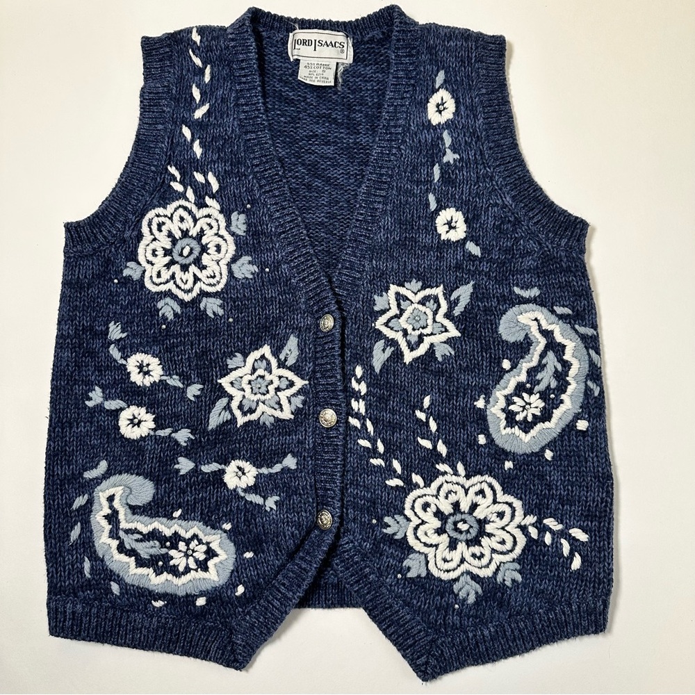 Lord Isaacs Navy Blue Floral Embroidered Knit Vest Womens Small Cottagecore Boho
